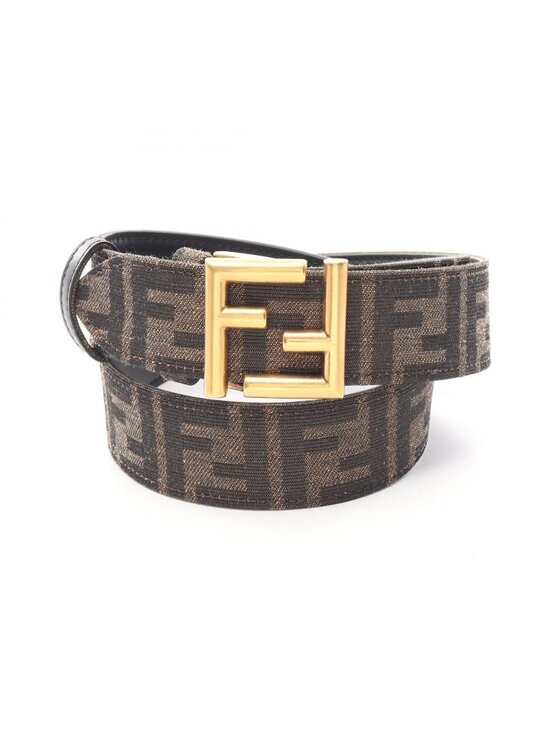 Fendi Belt FF Logo Buckle Gold Reversible Black Brown Canvas Leather main image 5